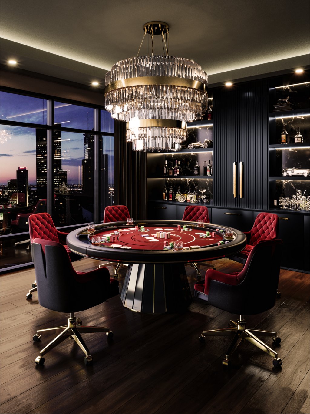 Timeless elegance for game nights with the Algerone Table, set against a bold red backdrop
